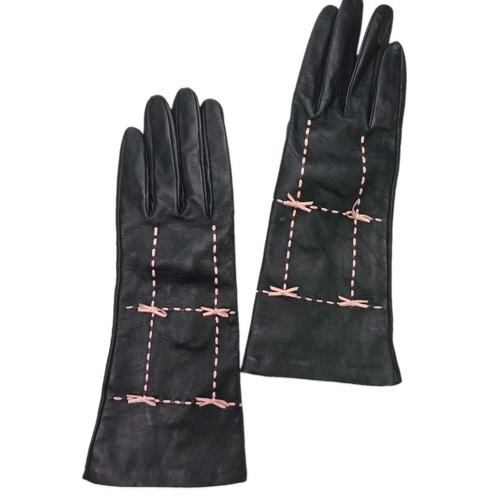 Portolano Womens Black Leather Gloves Pink Bows 100% Silk Lining Size 8 Vintage